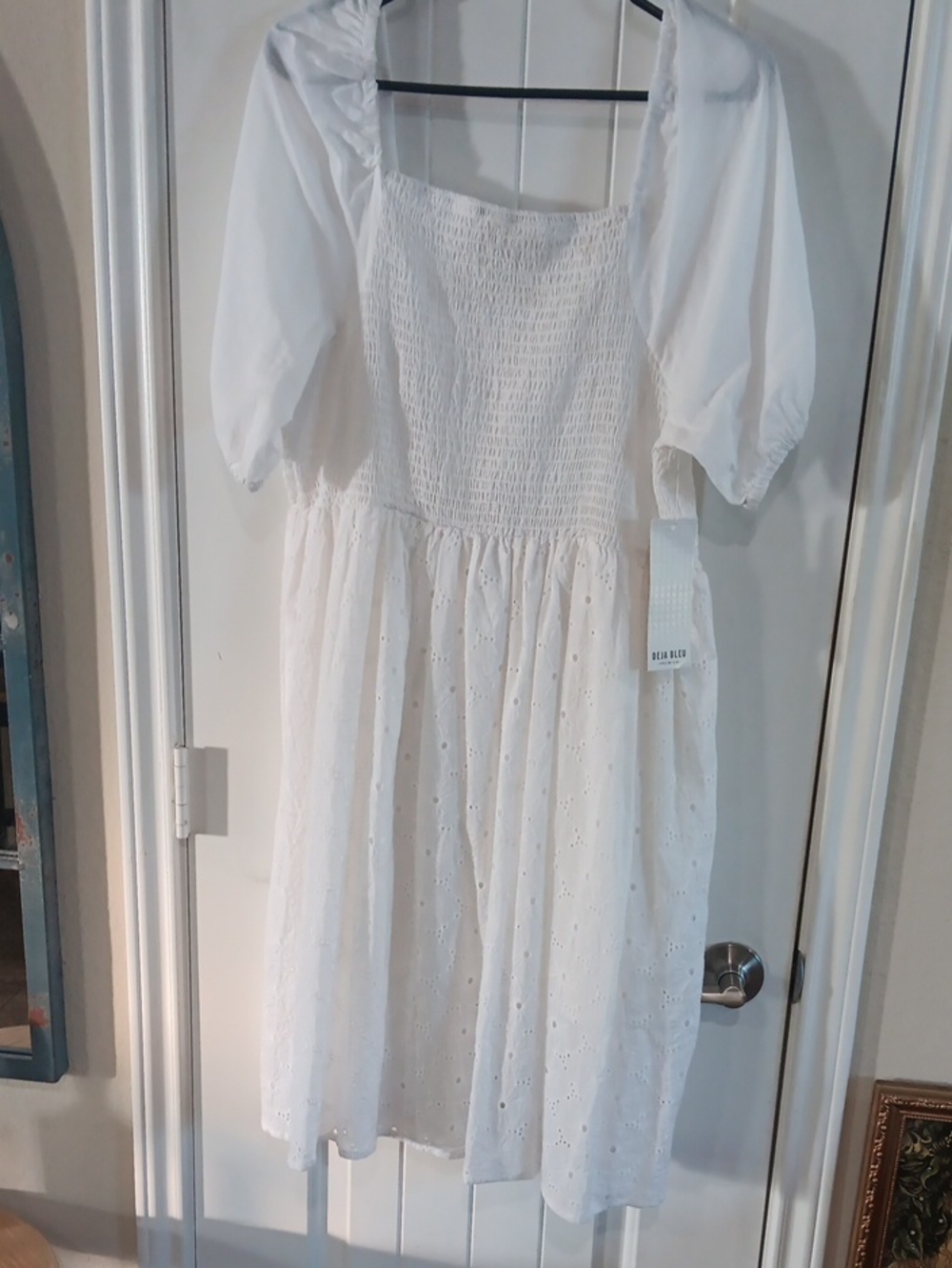 NWT Deja Bleu Premium White Eyelet Smocked Puff Sleeve Cotton Dress XL